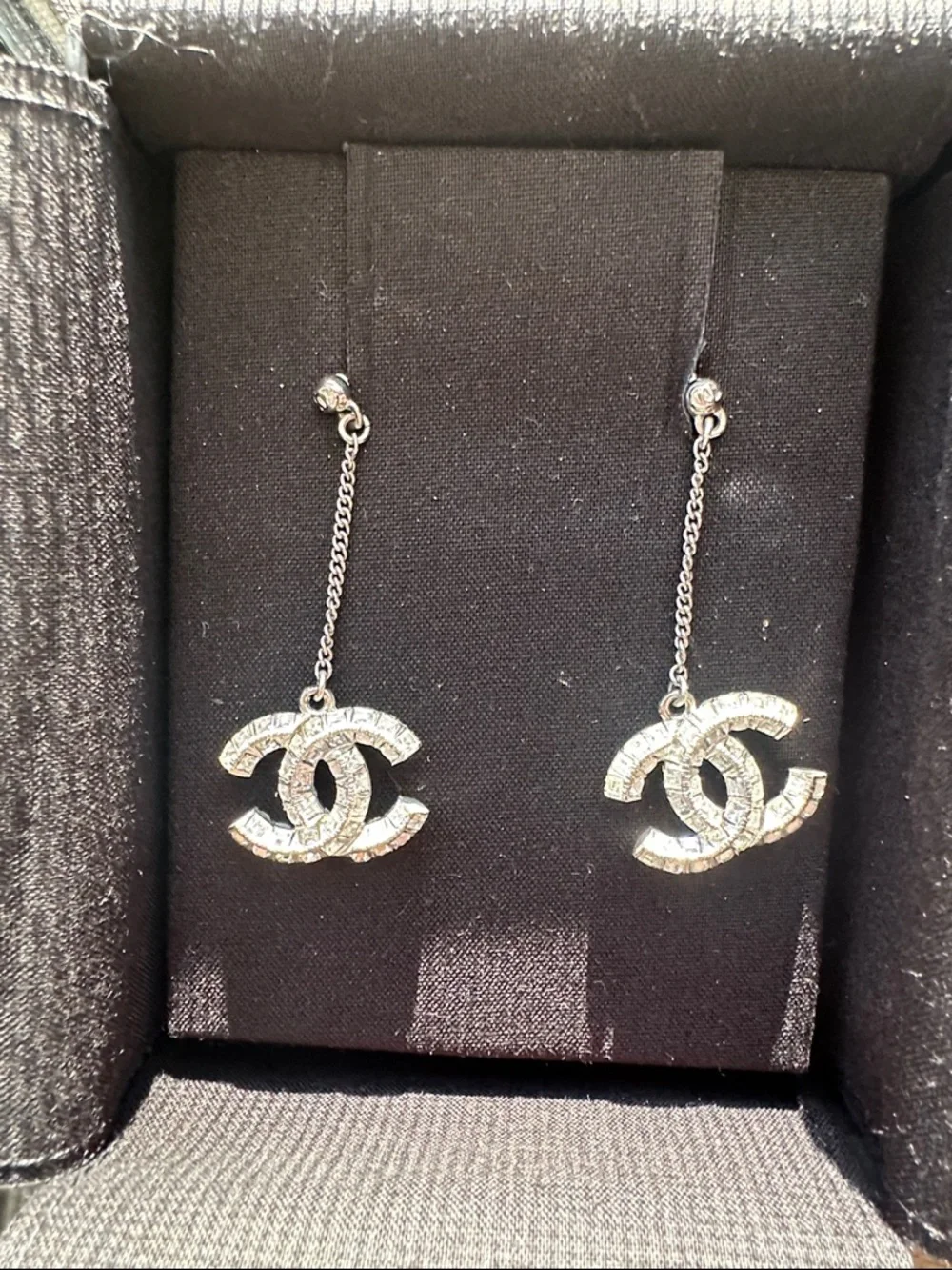 CHANEL Silver Crystal CC Dangle Earrings